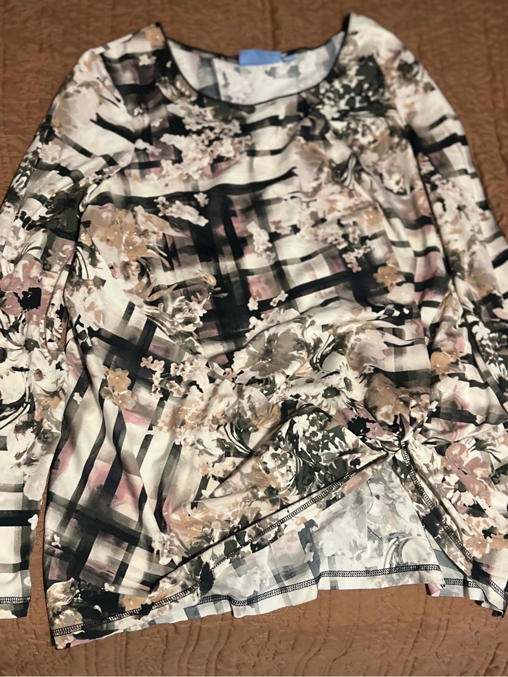 Vera Wang Pink, Black & Cream Floral Plaid Long-Sleeve Top